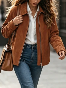 Balvessa Women's Solid Color Zipper Casual Versatile Daily Travel Long Sleeve Jacket - Brown - View 6