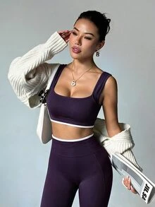 Dewbera Dewbera 女款修邊短版背心與高腰運動緊身褲套裝 - Bold Plum - 查看 7