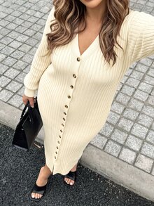 Easura Plus Size V-Neck Button Lantern Sleeve Design Slim Fit Knit Dress, Comfortable & Elegant For Commuting - Apricot - View 3