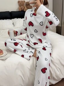 Napfluff Women's Autumn/Winter Plush Heart Print Crew Neck Long Sleeve Long Pants Pajama Set - White - View 3