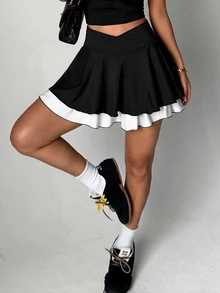 StreetHx Women's Stylish Color-Block Athletic Skort Featuring A Crossover Waist, Pleated Ruffles, Built-In Shorts, And PocketsSpring/Summer Style. - Black - View 5