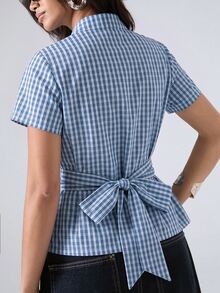 LYSMO 女款休閒舒適藍白襯衫 - 藍色 - 查看 8