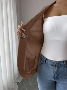 SHEIN PETITE 女款休閒羅紋刷毛開襟側口袋短版薄款夾克 - 卡其色 - 查看 6
