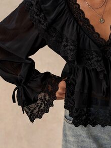 GalTyme Plus Size French Lace Tie-Up Ruffle Trim Blouse - Black - View 6