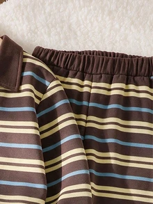 Young Girl 2 Pieces Set Fashion Casual Colorful Striped Print Contrast Color Lapel V-Neck Long Sleeve Sweatshirt And Contrast Striped Print Wide Leg Pants Set, Soft Fabric Suitable For Outings In Autumn/Winter - Multicolor - View 5