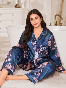 MuseNap CURVE Autumn/Winter Floral Print Satin Patch Pocket Trim Front Button Long Sleeve Pants Women Plus Size Pajama Set Loungewear Set - Blue - View 5