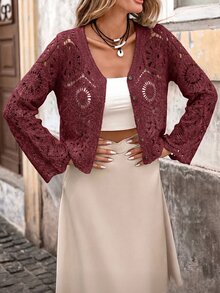 Brillora Women's Solid Color Hollow Out Casual Versatile Daily Wear Cardigan - Burgundy - View 1