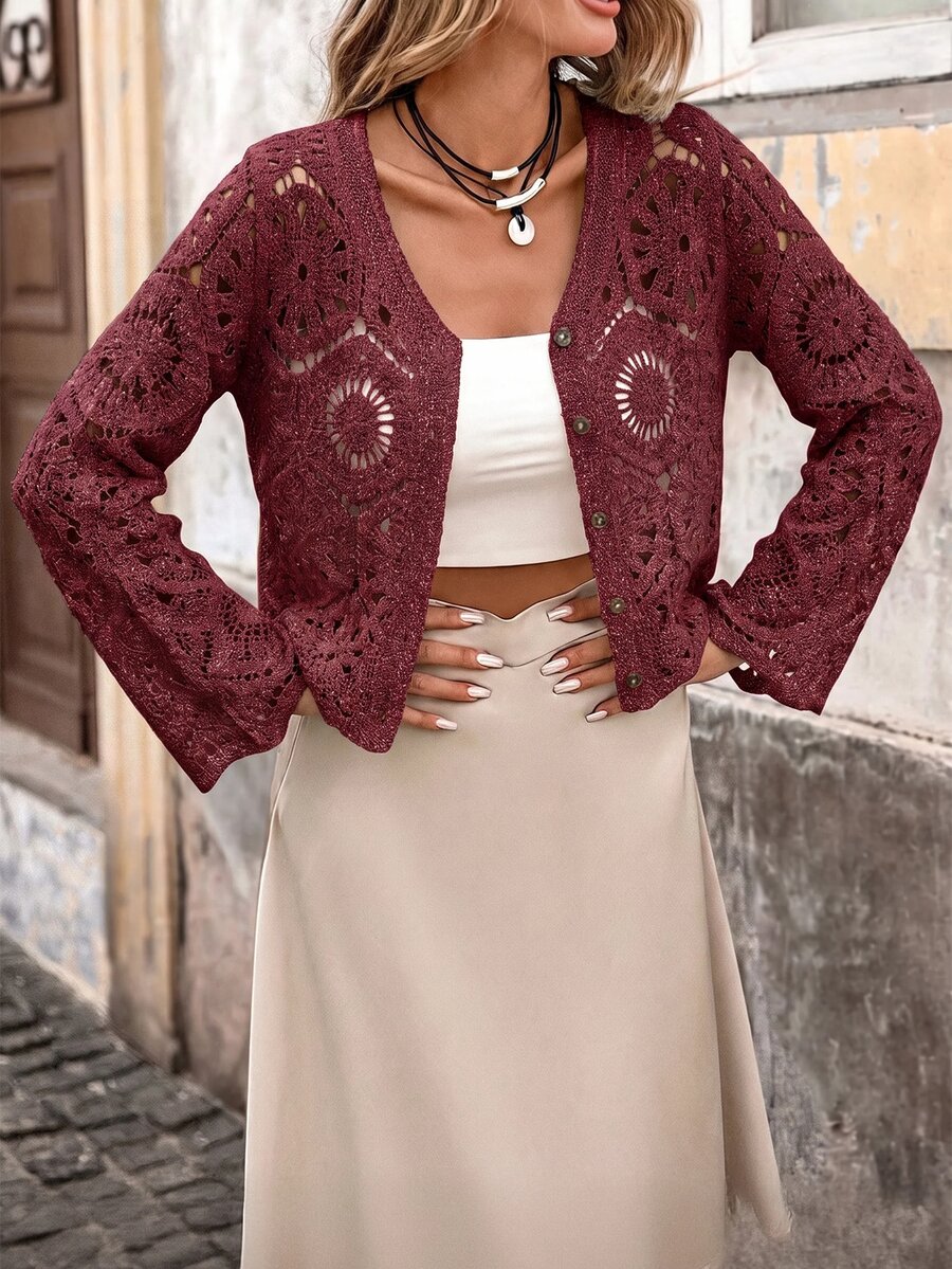 Brillora Women's Solid Color Hollow Out Casual Versatile Daily Wear Cardigan - Burgundy - View 1