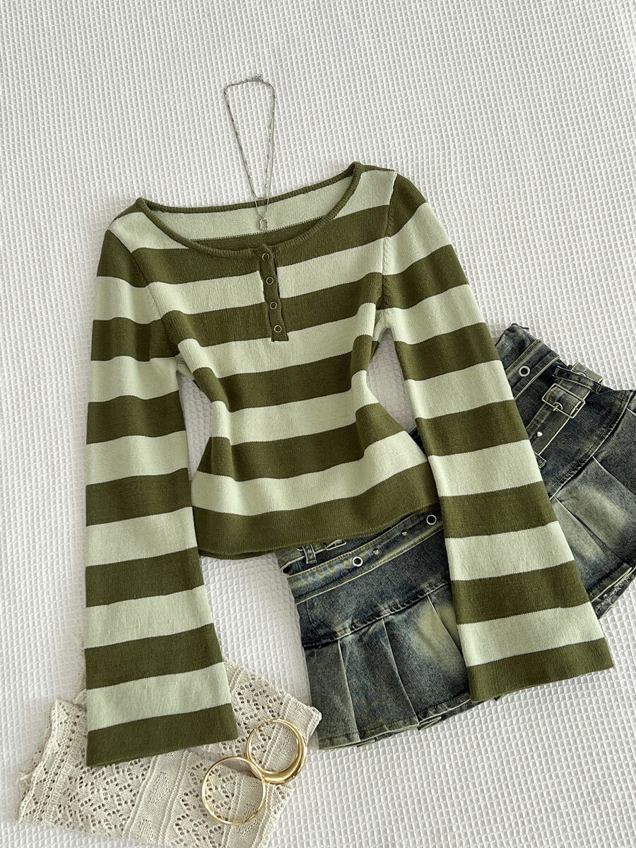 Elamini Women's Autumn/Winter Striped Colorblock Button Placket Fitted Flared Sleeve Casual Knit Sweater - Army Green - View 1