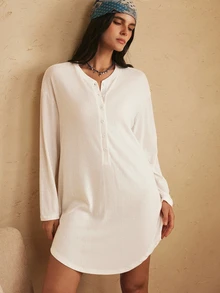 Lullawish Women's Knitted Jacquard Long Sleeve Nightgown - White - View 4