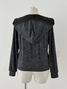 Sunspun Plus Size Women's Casual Cinched Waist Hooded T-Shirt, Distressed Patchwork Rivet Webbing Long Sleeve Tee - Black - View 2