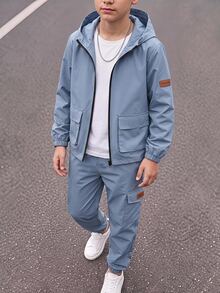 SHEIN 2pcs Kids Tween Boy Hooded Jacket And Jogger Pants Set, Casual Sports Style, Suitable For Autumn/Winter - Baby Blue - View 5
