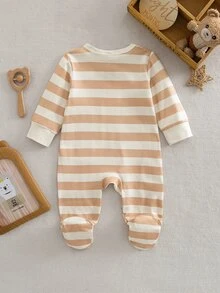 SHEIN Vintaside Kids 新生兒嬰兒連身衣，長袖連身褲，側開襟不對稱領口，包腳睡衣，居家穿著，秋冬款，中性 - 彩色 - 查看 2