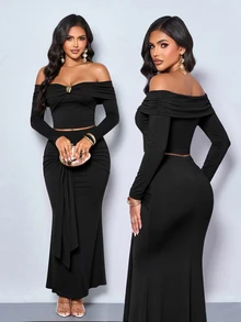 SOLERSUN Women's This Two Pieces Set, Featuring A Textured Knit Off-The-Shoulder Long-Sleeved Top And A Fitted, Flowing Maxi Skirt - Black - View 6