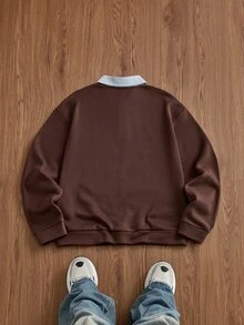 SWAVVY Men's Knitted Fashion Casual Loose Long Sleeve Half-Zip Sweatshirt - Coffee Brown - View 2
