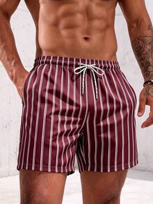 Manfinity KASUA Men's Vertical Striped Drawstring Waist Pocket Beach Shorts - Burgundy - View 4