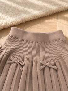 Girls Cute Bow Knitted Pleated Skirt, Versatile Sweet Daily Wear - Apricot - View 5