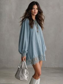 Solivie Women's Loose Short Dress With Lace Patchwork Hem, Autumn New Arrival - Blue - View 4