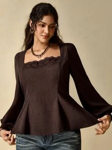 Nubod Blus Lengan Panjang Gaya Prancis Elegan Berkerah Persegi Warna Cokelat Ukuran Besar dengan Hiasan Renda dan Patchwork, Cocok untuk Komuter Kelas Atas. - Coffee Brown - View 6