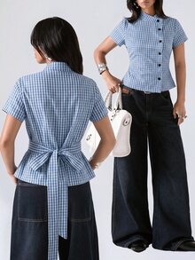 LYSMO 女款休閒舒適藍白襯衫 - 藍色 - 查看 1