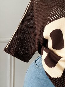 SHEIN EZwear 大尺碼女款數位圖案鏤空短袖寬鬆針織衫 - 棕色 - 查看 6