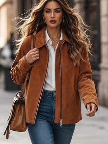 Balvessa Women's Solid Color Zipper Casual Versatile Daily Travel Long Sleeve Jacket - Brown - View 4