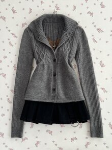 Elamini Women's Cable Knit Long Sleeve Single-Breasted Casual Cardigan - Grey - View 3