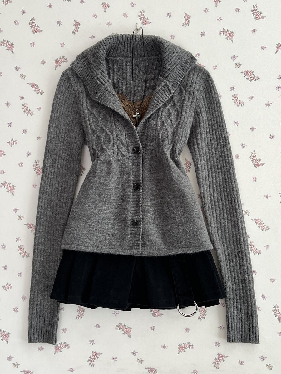 Elamini Women's Cable Knit Long Sleeve Single-Breasted Casual Cardigan - Grey - View 1