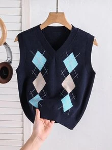 SHEIN Tween Girl) Cute Navy Blue Argyle Pattern Pullover Vest, Preppy Style, Autumn/Winter Outerwear, Fashion Vacation Essential - Navy Blue - View 1