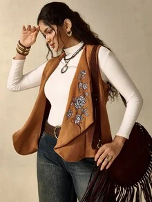 Nubod Plus Size Brown Suede Printed Lapel Sleeveless Bohemian Nomad Style Elegant Country Vest Jacket - Brown - View 3