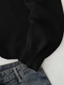 SHEIN 青少年女孩秋冬新款粉色V領休閒燈籠袖短版純色長袖針織毛衣，百搭返校款 - 黑色 - 查看 6