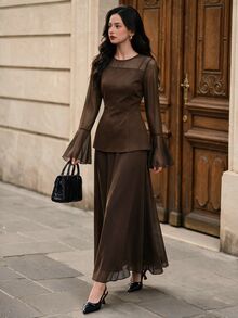 Graceveil Women's Conservative Elegant Vintage Brown Round Neck Chiffon Long Sleeve Ruffle Cuff Back Zipper Daily Versatile Essential Top - Brown - View 6