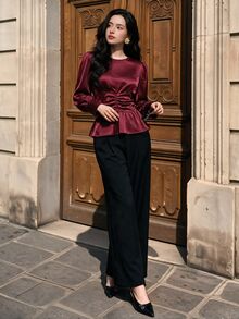 Graceveil Women's Solid Color Pleated Casual Versatile Everyday Blouse - Burgundy - View 6