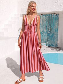 Vivid Eden Women's Frill Trim Deep V-Neck Front Tie Casual Boho Retro Tropical Romantic Sleeveless Midi Dress Brunch Party Vacation Rust Brown Summer - Pink - View 7