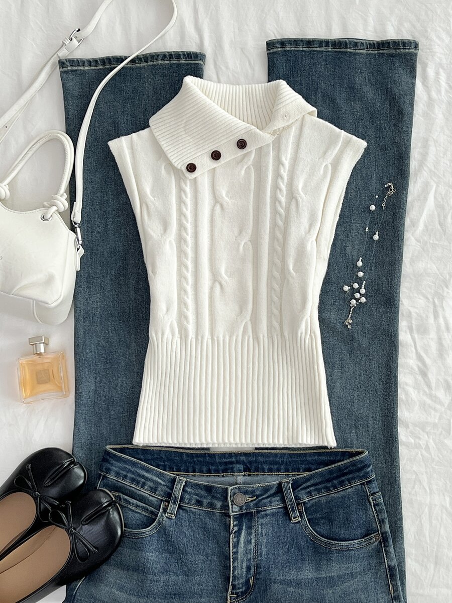 FavEase Women's Cable Knit Button Design Casual Versatile Knit Vest - White - View 1