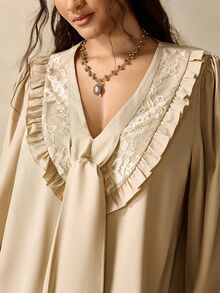 Nubod Plus Size Elegant Lace Patchwork V-Neck Draped Long Sleeve Blouse - Khaki - View 4
