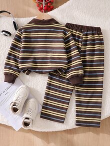 Young Girl 2 Pieces Set Fashion Casual Colorful Striped Print Contrast Color Lapel V-Neck Long Sleeve Sweatshirt And Contrast Striped Print Wide Leg Pants Set, Soft Fabric Suitable For Outings In Autumn/Winter - Multicolor - View 2