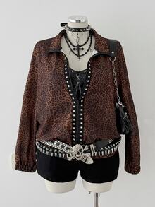 Sunspun Plus Size Zip-Up Casual Loose Jacket, Comfortable Subculture Visual Style Studded Jacket - Multicolor - View 1