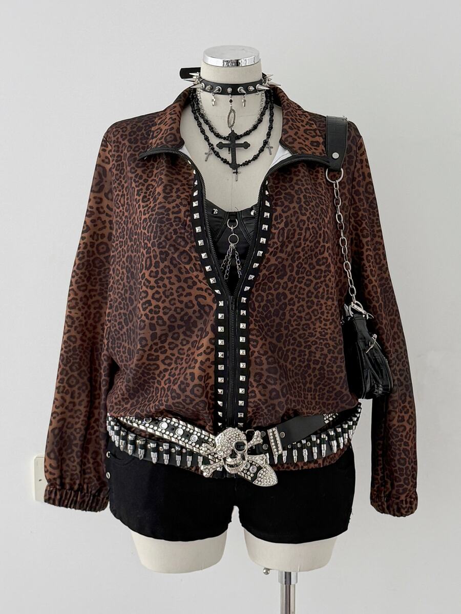 Sunspun Plus Size Zip-Up Casual Loose Jacket, Comfortable Subculture Visual Style Studded Jacket - Multicolor - View 1