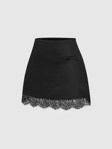 Sweetra New Lace Patchwork Blazer Style Elegant High Waist Slimming A-Line Mini Skirt - Black - View 1