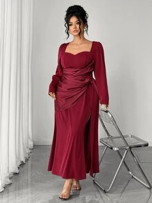 Elenzga Plus Size Elegant Satin Square Neck Cinched Waist Slit Long Sleeve Pleated Evening Gown Dress Fall - Burgundy - View 6
