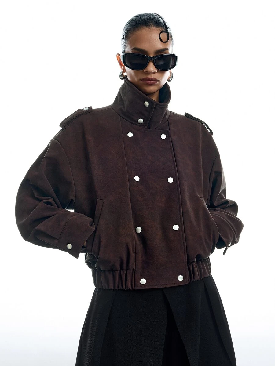 LYSMO Women's Vintage High Neck Button Pocket Long Sleeve Jacket - Brown - View 1
