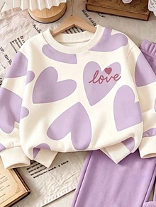 2pcs Young Girls Casual Fashion Sweet Cute Heart Pattern LOVE Print Crew Neck Long Sleeve Fleece Sweatshirt Pullover And Matching Wide Leg Sweatpants Set, Suitable For Autumn/Winter Wear - Multicolor - View 3