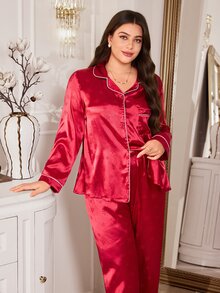 MuseNap CURVE Bộ đồ ngủ nữ size lớn họa tiết bông tuyết dệt jacquard, cài nút trước, túi đắp, quần dài tay dài, đồ mặc nhà mùa thu/đông - Đỏ - Xem 4