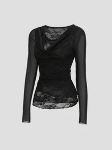 Sweetra Women's Black Casual Minimalist Commute Versatile Cowl Neck 2 In 1 Lace Patchwork Long Sleeve Top - Black - View 1