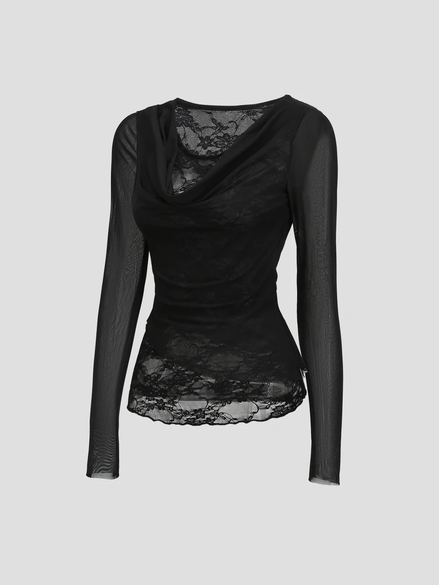 Sweetra Women's Black Casual Minimalist Commute Versatile Cowl Neck 2 In 1 Lace Patchwork Long Sleeve Top - Black - View 1