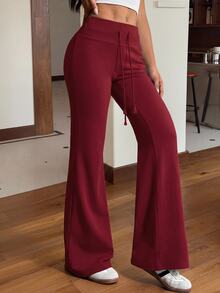 SHEIN EZwear Drawstring Waist Flare Leg Sweatpants - Burgundy - View 3