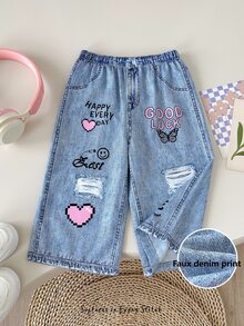 SHEIN Young Girl Young Girl Knitted Cute Street Style Versatile Printed Pattern Elastic Waist Long Pants - Multicolor - View 1