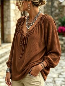 EMERY ROSE Plus Size Lady's Elegant Fall Long-Sleeved T-Shirt - Brown - View 5