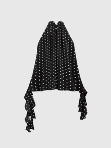Sweetra New Summer French Fashion Polka Dot Elegant Commute Office Wear Versatile Ruffle Hem Ribbon Apricot Blouse - Black - View 2